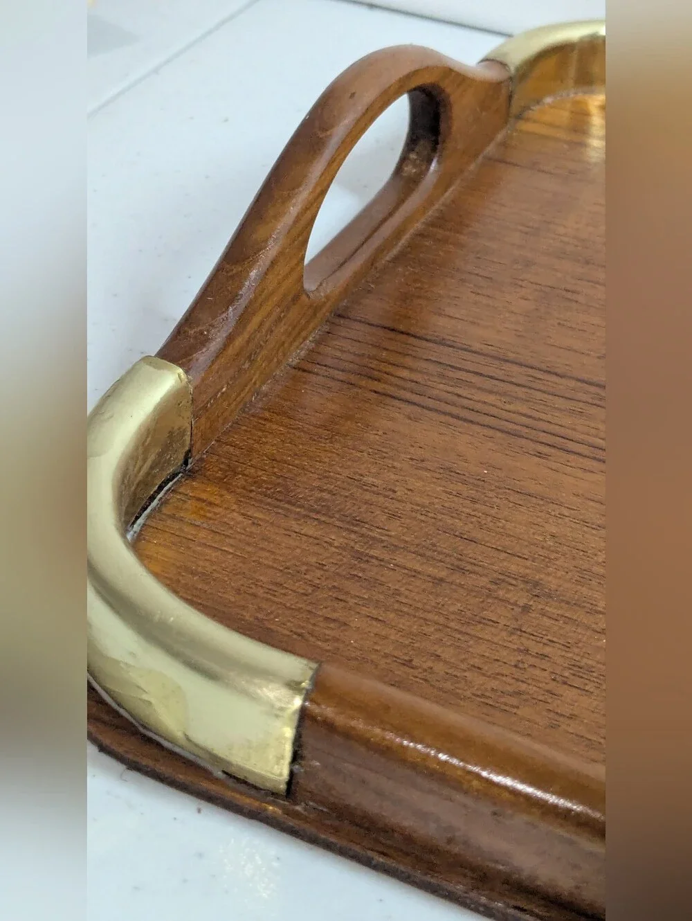 Vintage Teakwood Serving Tray with Brass Corners – Large MCM
